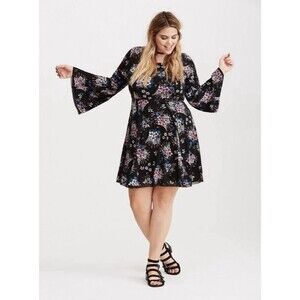 Torrid Floral Bell Sleeve Mini Dress Size 12 Black Pink Blue Boho Keyhole Back